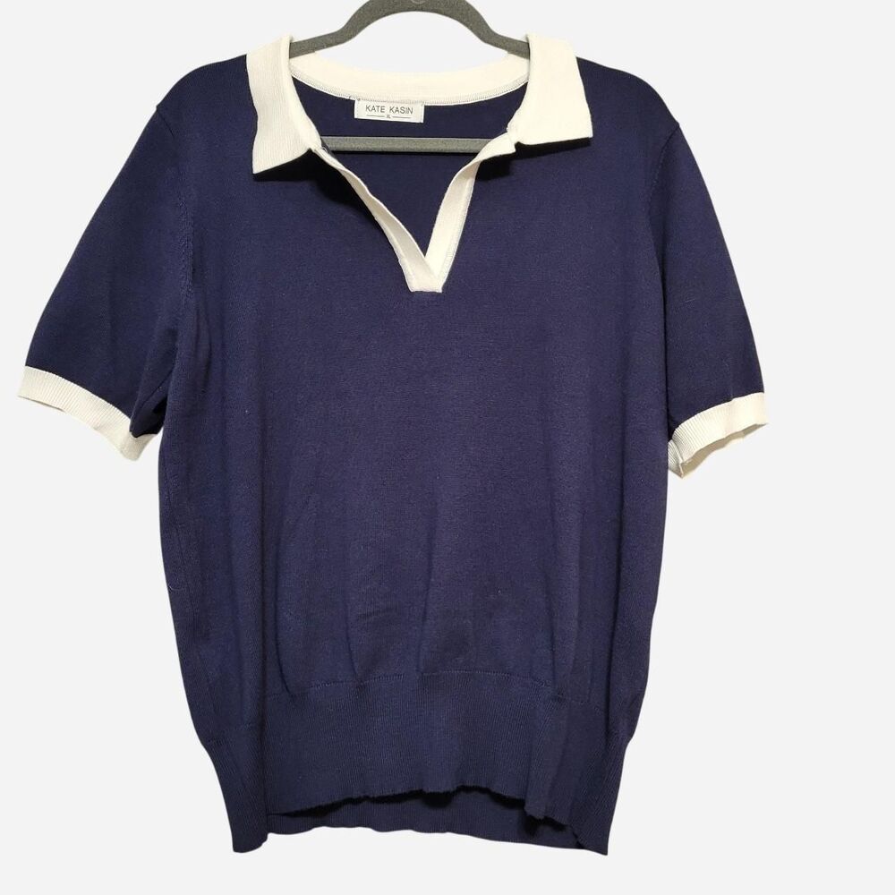 Kate Kasin Women's XL White and Navy Polo Shirt contrast collar